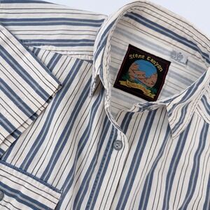 Vintage Stone Canyon Womens Striped S/S Button Up Shirt Blue White Western Boxy